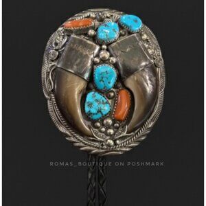 Signed Native American bear claw bolo tie turquoise, coral and sterling silver
